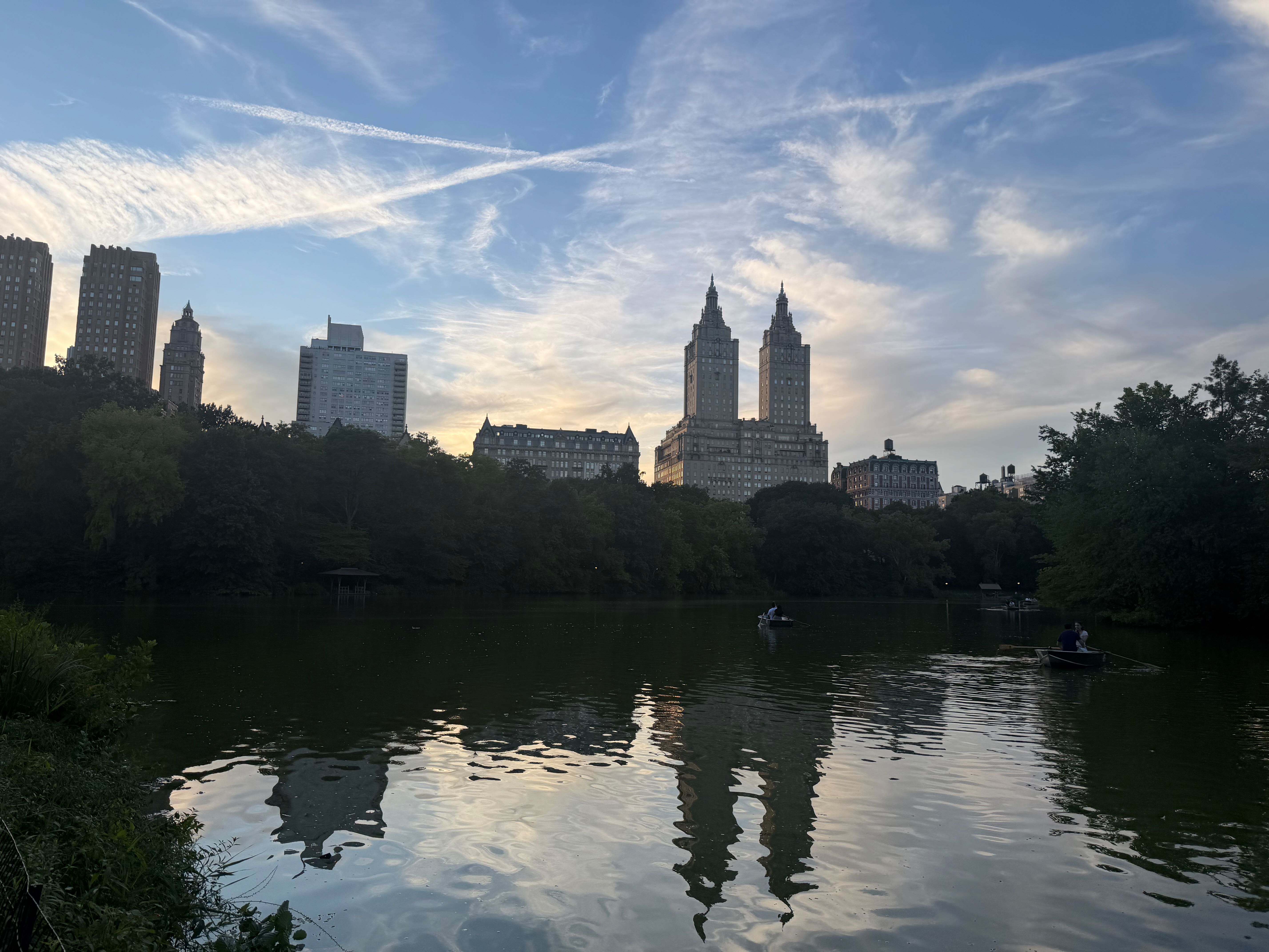 The pond in Central Park in the evening.