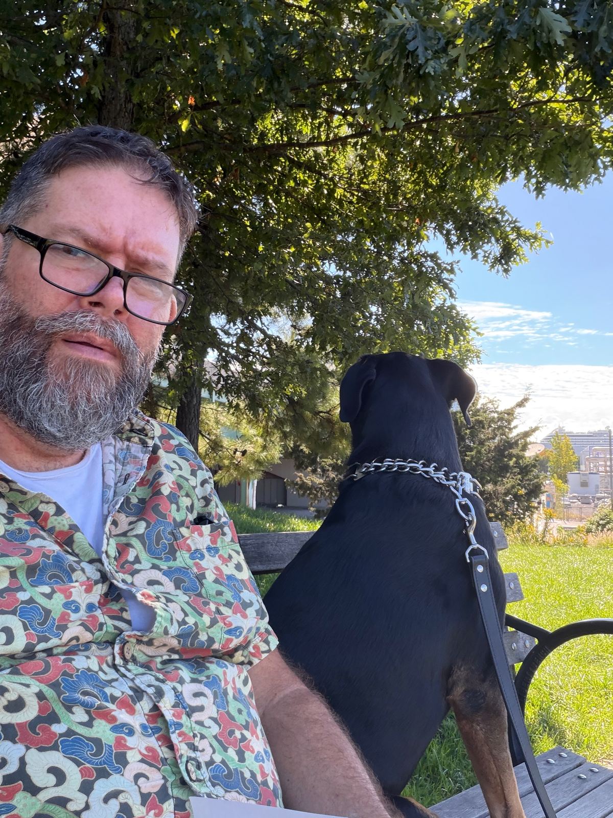Reading a book on bench in park.